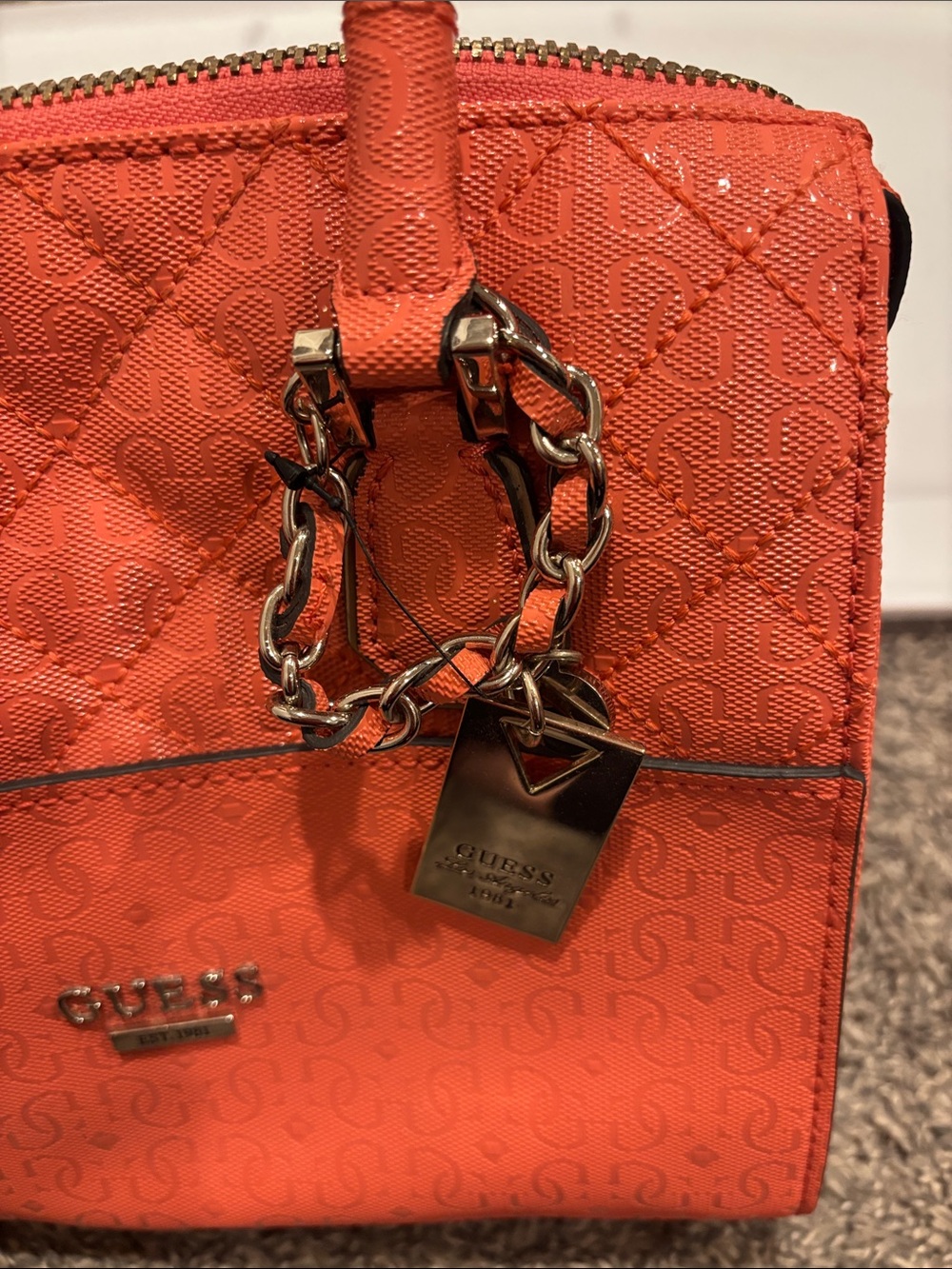 Guess Quilted Satchel in Coral Orange with Gold Hardware - Picture 5 of 8